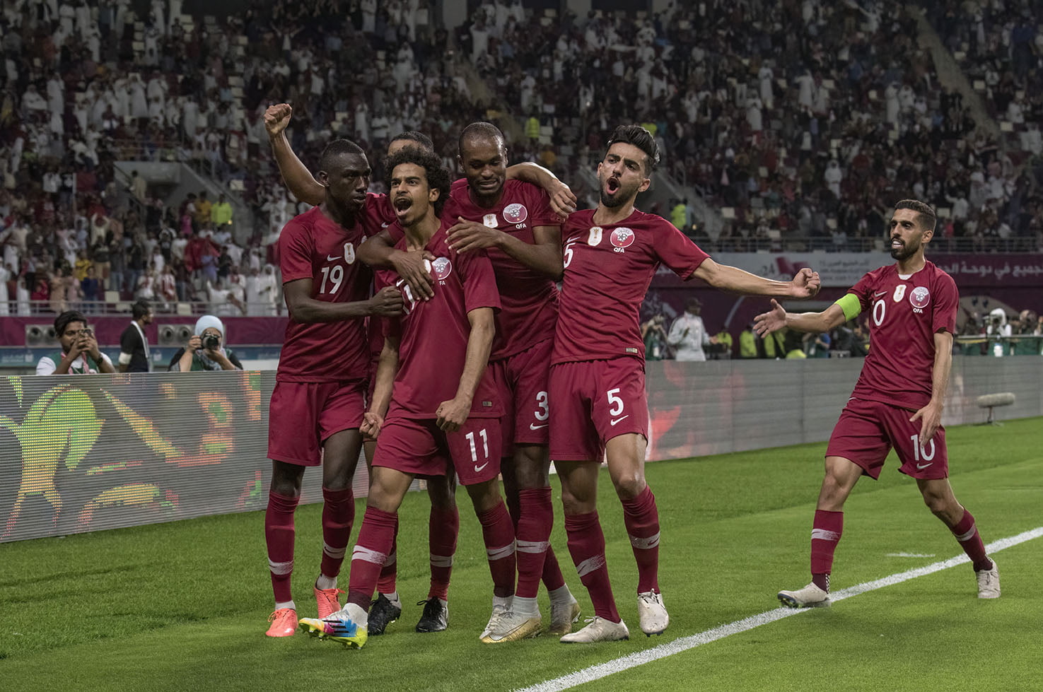 Qatar Football Team Celebrates Goal (Akram Afif, Tareq Salman, Abdulkarim Hassan, Hassan Al Hayods, Almoez ali)